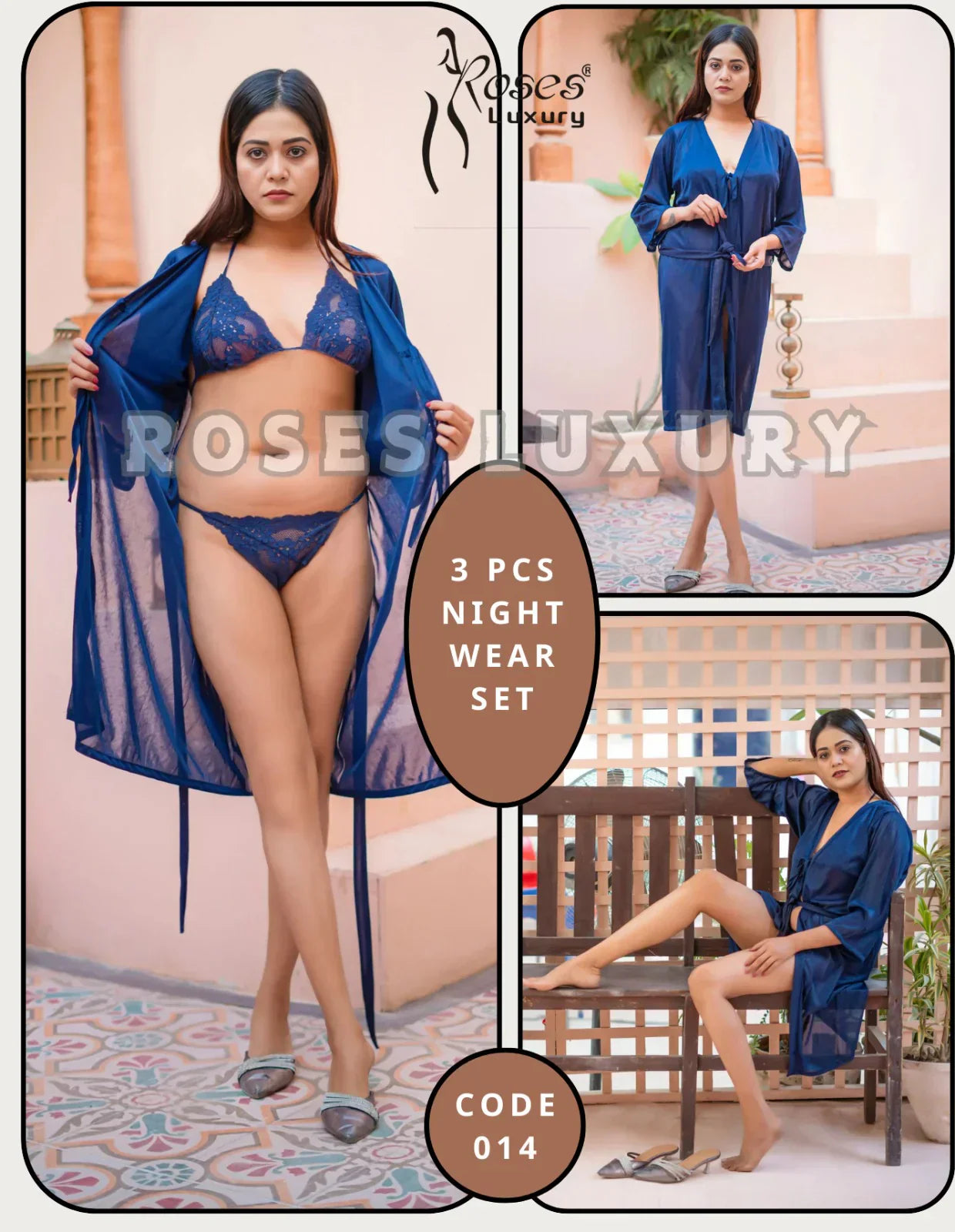 Roses Luxury 3-Piece Gown Bikini Nightwear Set – Code 014