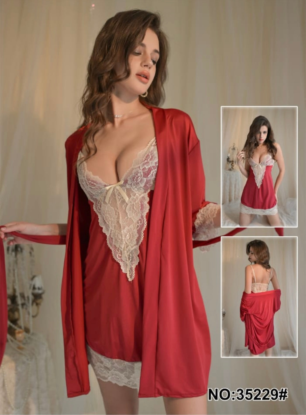 Two Piece Hot Red Nighty with lace.