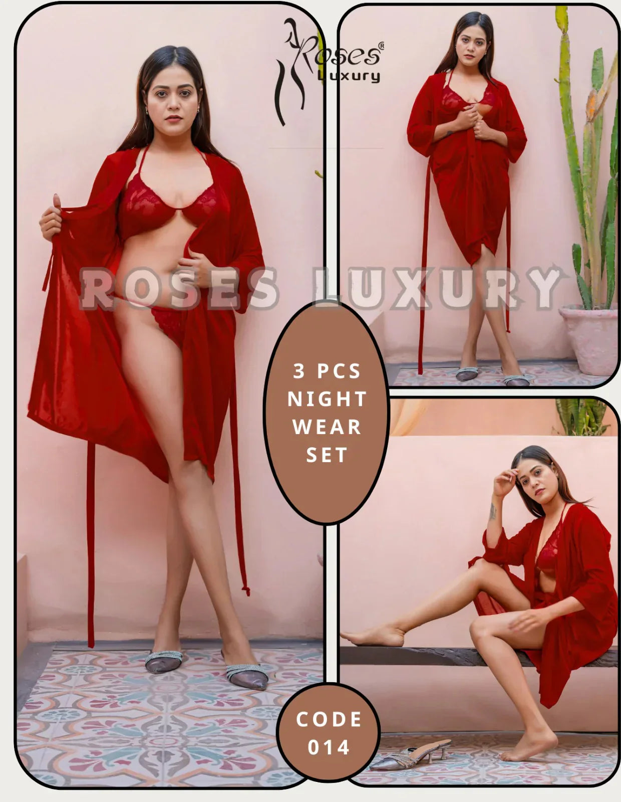 Roses Luxury 3-Piece Gown Bikini Nightwear Set – Code 014