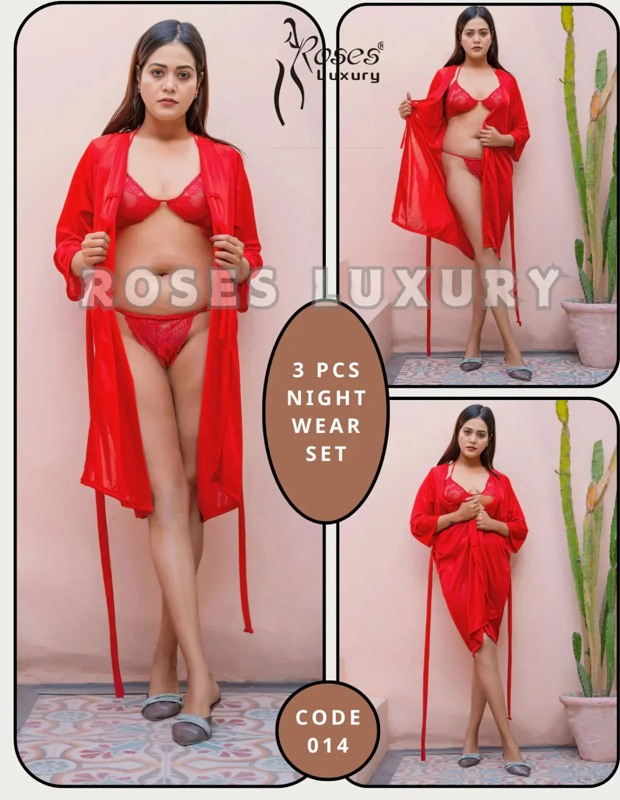Roses Luxury 3-Piece Gown Bikini Nightwear Set – Code 014