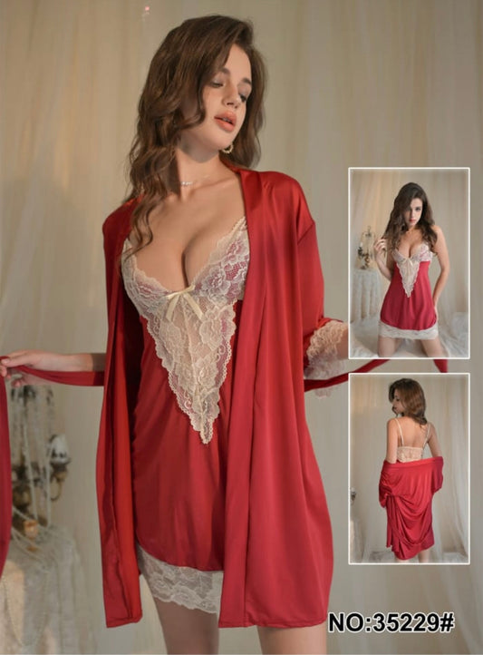 Two Piece Hot Red Nighty with lace.