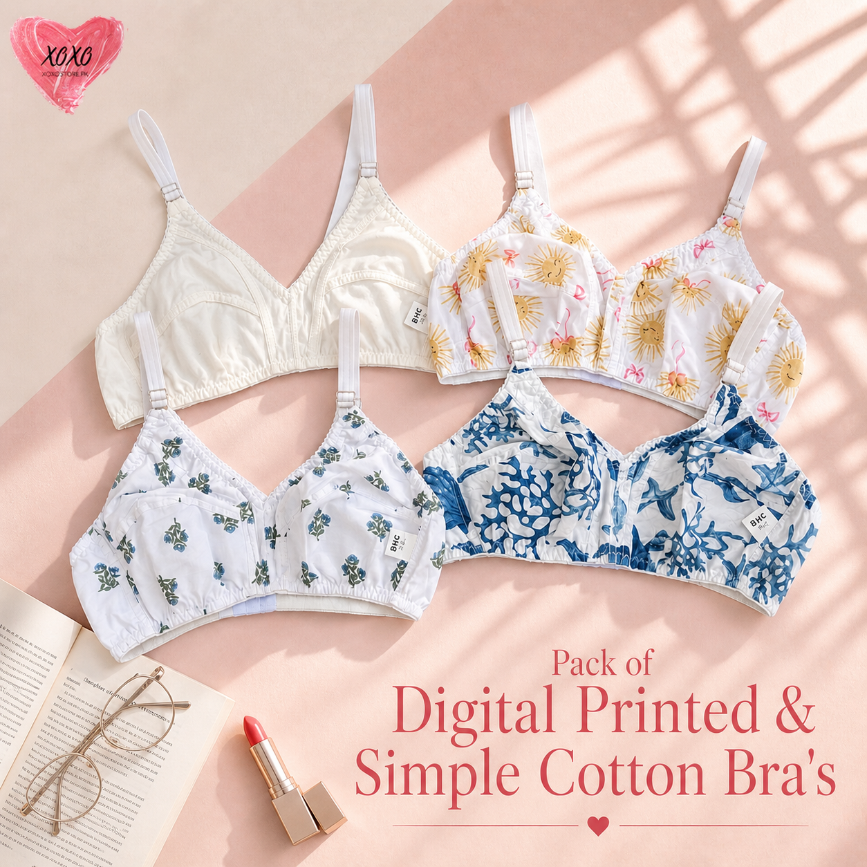 Pack of 4 Xoxo Digital Printed & Simple Cotton Bra's