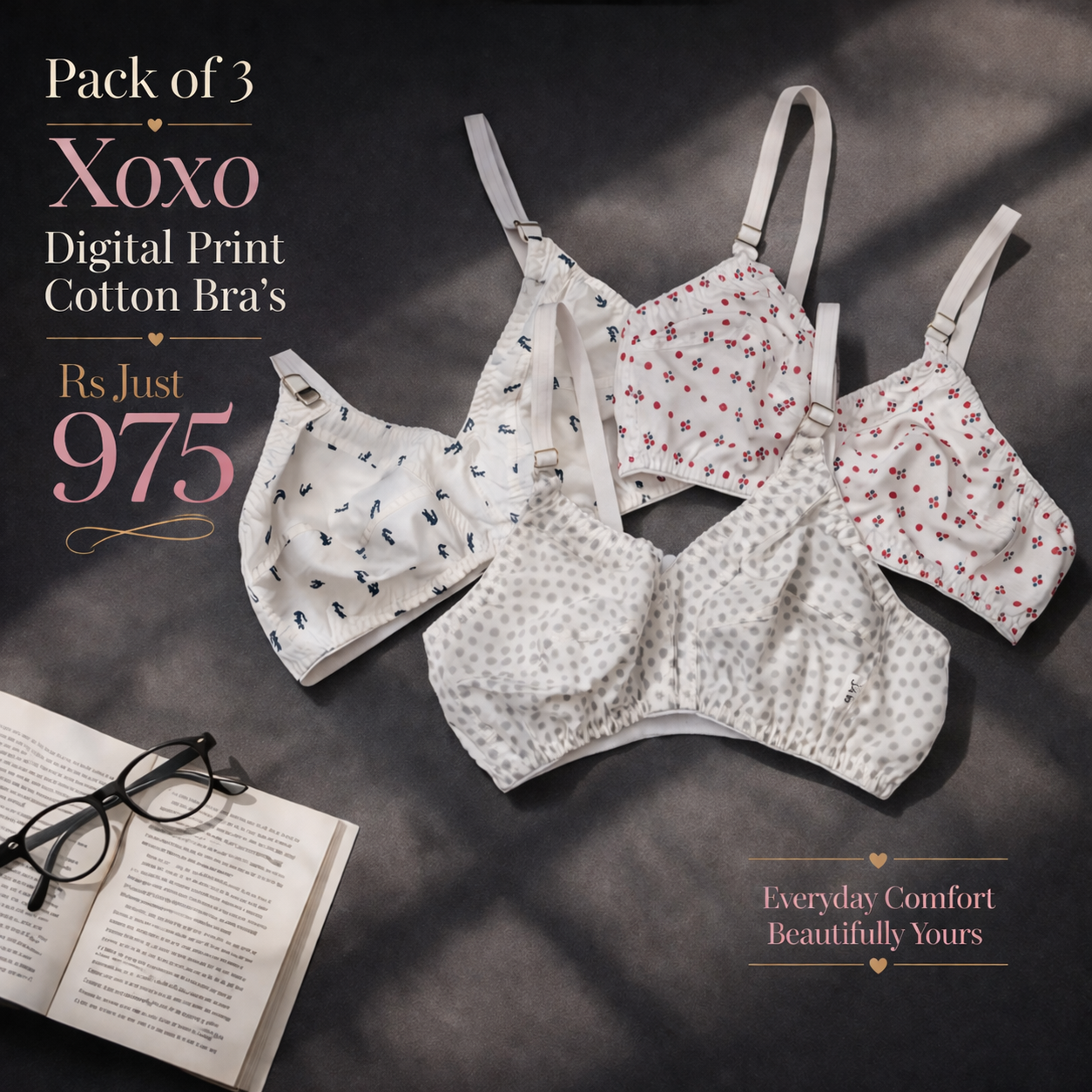 Pack of 3 Xoxo Digital Print Soft Cotton Bra's