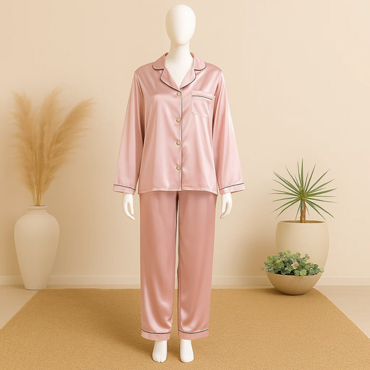 Flourish Plain Silk Front Button Open 3/4 Sleeve Night Dress For Girls - Silk Night Suit For Women Girls- Pjs For Women Two Piece Set (Free Surnchie)
