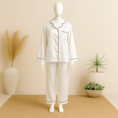 Flourish Plain Silk Front Button Open 3/4 Sleeve Night Dress For Girls - Silk Night Suit For Women Girls- Pjs For Women Two Piece Set (Free Surnchie)
