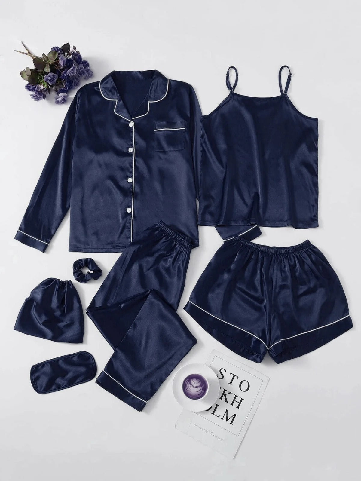 Flourish 7 pcs Non Padded Silk Satin Pajama Set Cami Top Nightgown Sexy Sleepwear Robe Sets Lace Nightdress