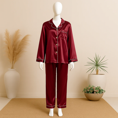 Flourish Plain Silk Front Button Open 3/4 Sleeve Night Dress For Girls - Silk Night Suit For Women Girls- Pjs For Women Two Piece Set (Free Surnchie)