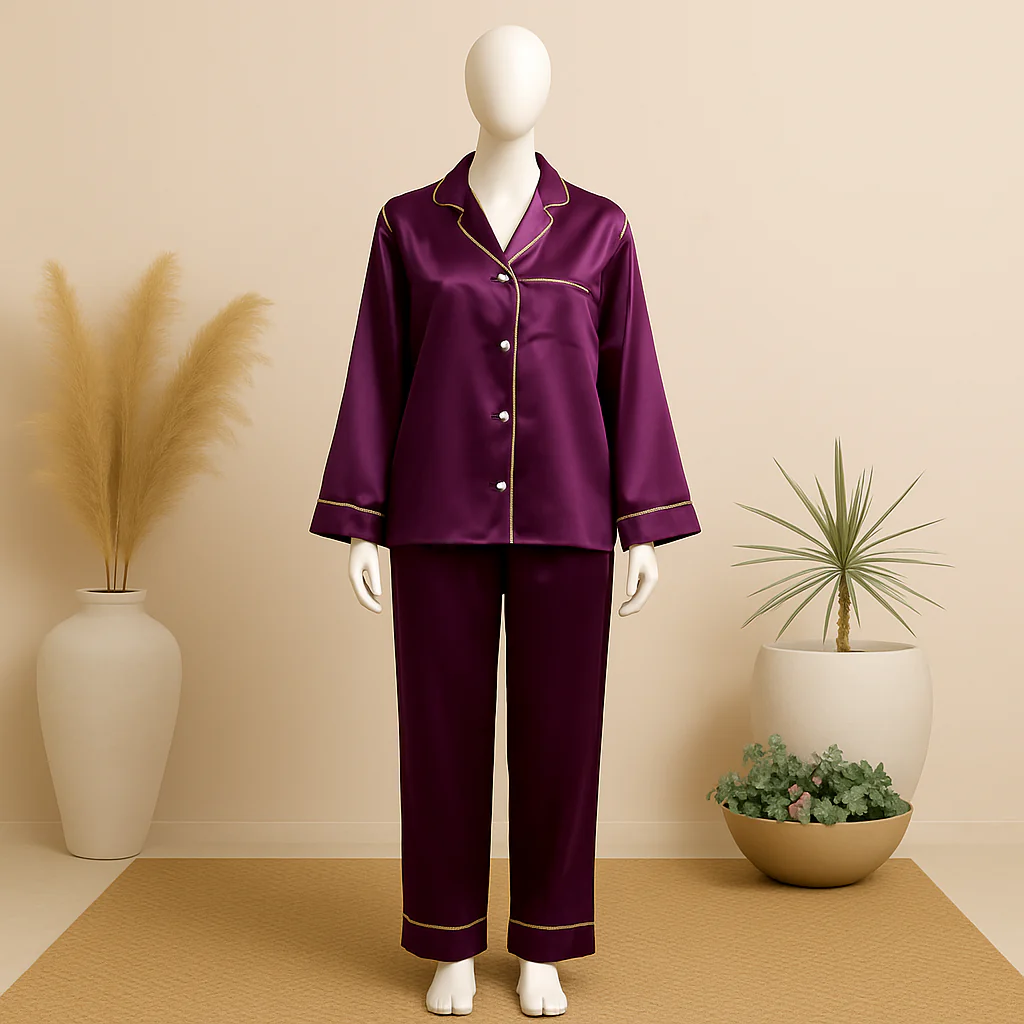 Flourish Plain Silk Front Button Open 3/4 Sleeve Night Dress For Girls - Silk Night Suit For Women Girls- Pjs For Women Two Piece Set (Free Surnchie)