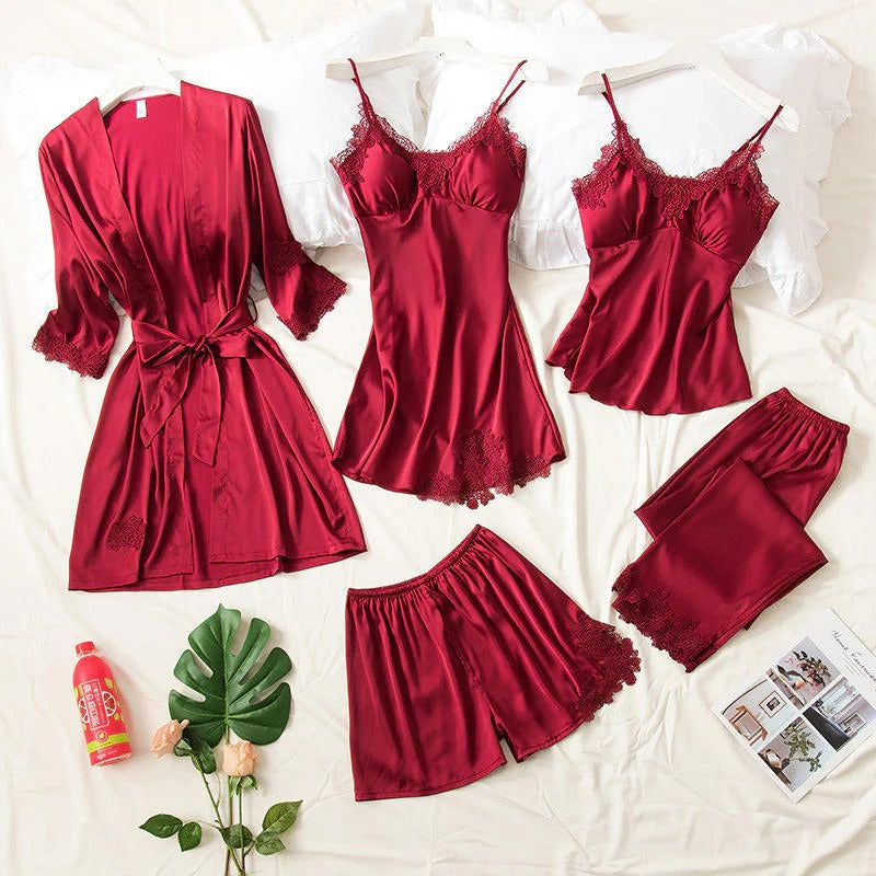 6 Piece Romantic Bridal Night Suit for Women and Girls 100% Premium Silk Set